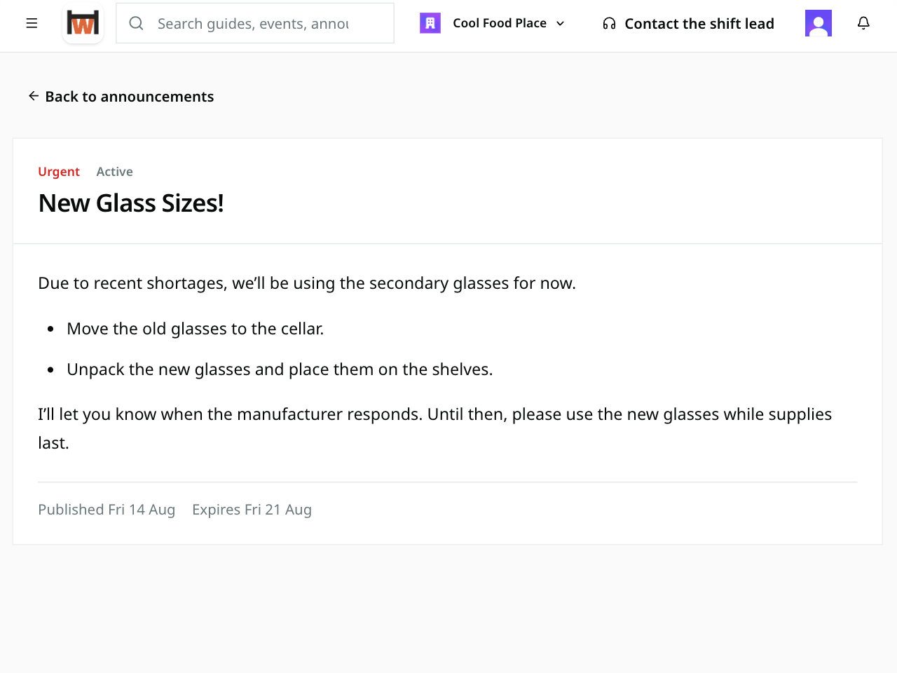 Workhal Announcements & notifications product screenshot