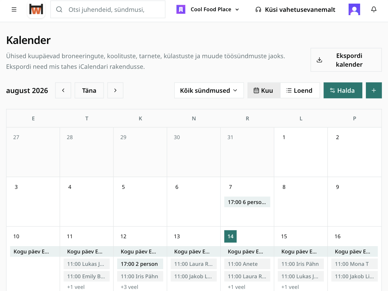 Workhali funktsiooni „Kalender ja vastutus” kuvatõmmis