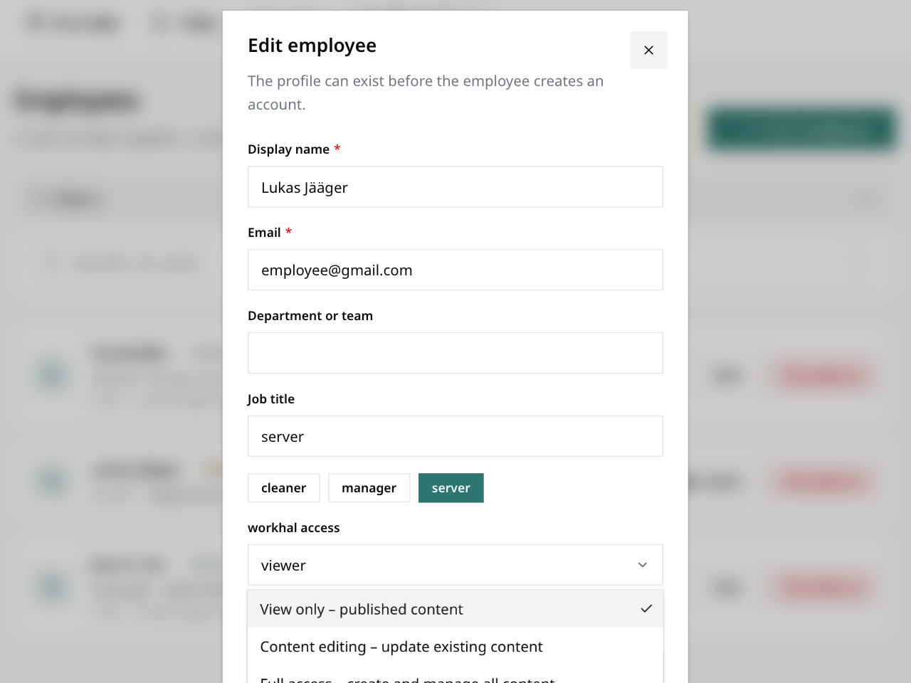 Workhal Publishing, roles & access product screenshot
